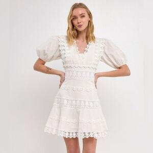 Anthropologie Endless Rose Plunging Lace Trim Dress with Puff Sleeve
Size L